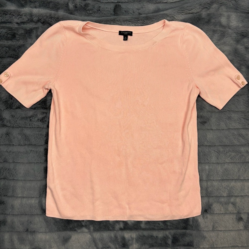 Talbots Petites Peach Pink Short Sleeve Boat Neck Ribbed Knit Sweater SP